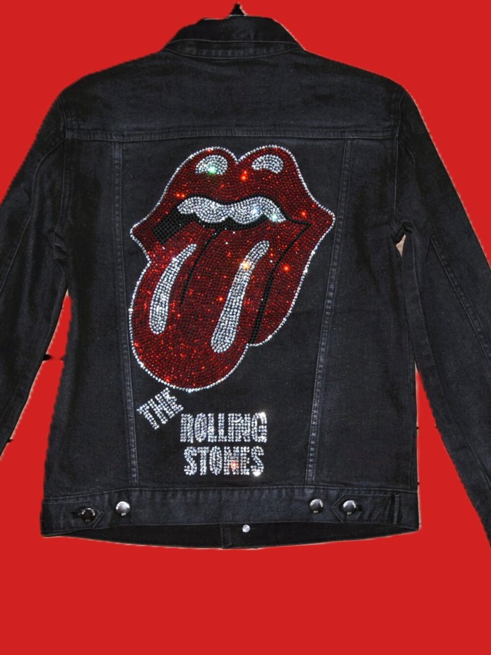 Rolling Stones rhinestone bling light black denim jacket size small